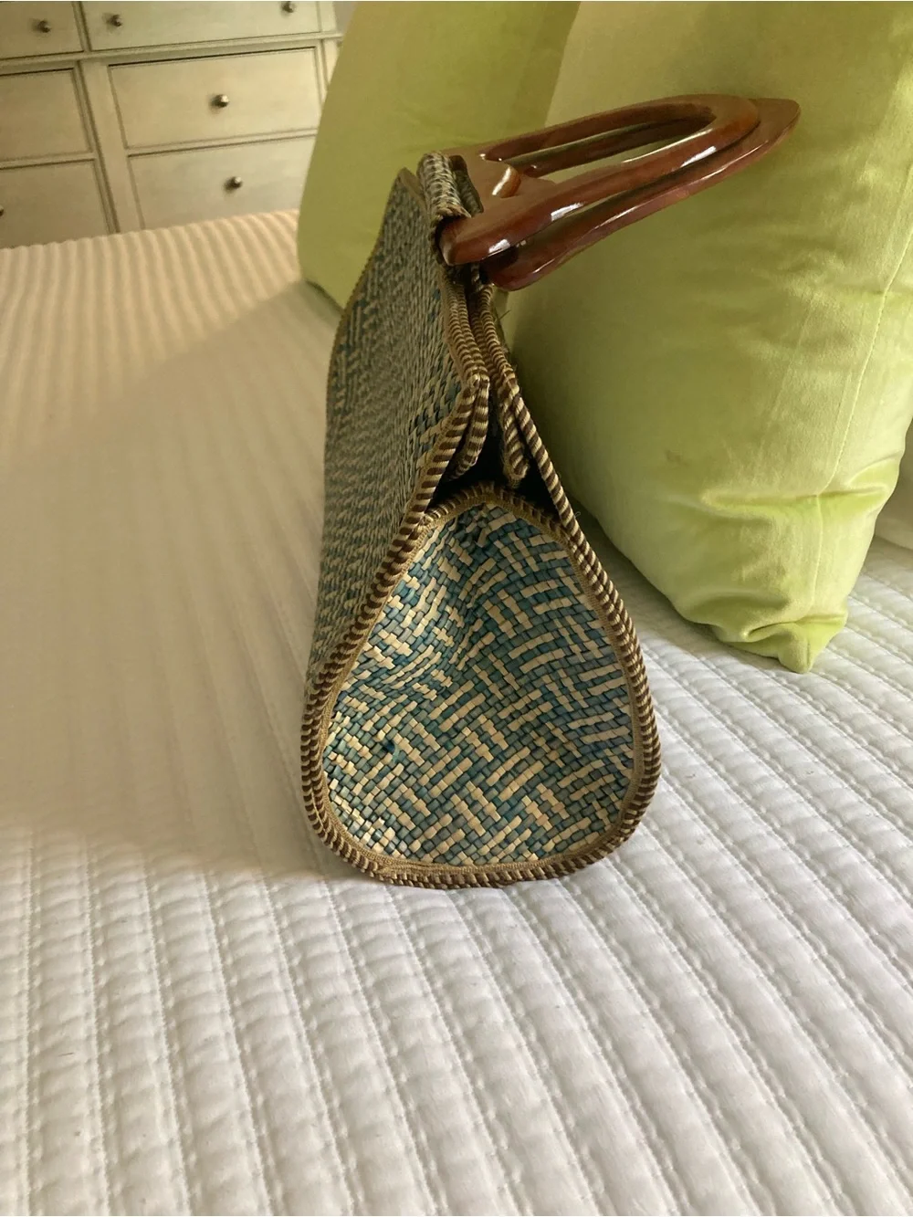 Vintage Teal and Natural Woven Clutch with Wooden Handles